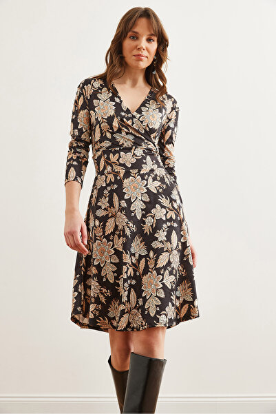 Olalook Rochie tricotată cu piept dublu bej negru pentru femei ELB- 19000962