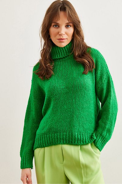 Olalook Women Green Turtleneck Soft Textured Thick Knitwear Sweater Kzk- 19000936