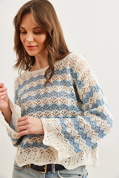Olalook Women's White Baby Blue Wave Stripe Openwork Knitwear Blouse Blz- 19002811