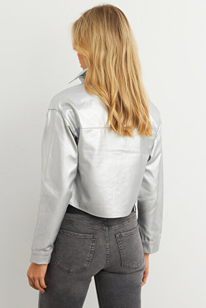 Cool & Sexy Ασημί Χρώμα Φύλλο Γυναικείο Cropped Jacket - KAM302