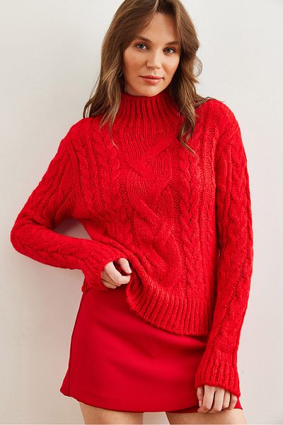 Olalook Women's Red Stand Collar Braided Knitwear Sweater Kzk- 19000934
