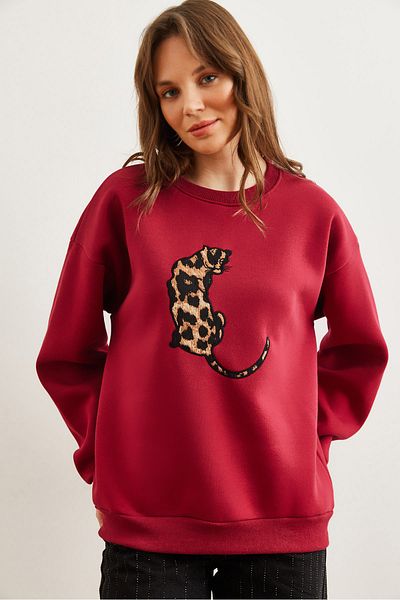 Olalook Hanorac oversize cu aplicație leopard roșu Claret pentru femei SWT- 19000698