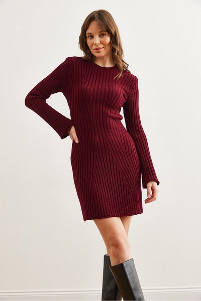 Olalook Burgunderrotes, ausgestelltes, dickes, geripptes Mini-Strickkleid ELB- 19002327