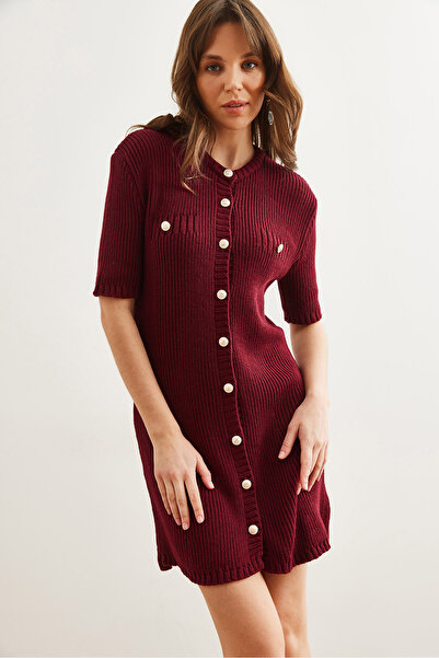 Olalook Women's Burgundy Buttoned Mini Knitwear Dress Elb- 19002329