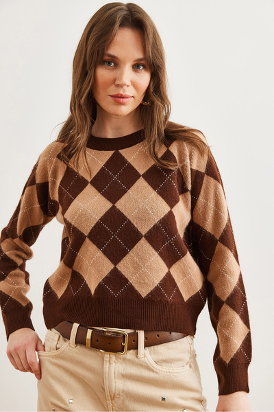 Olalook Pulover de damă Bitter Brown cu model Argyle Rose Gold KZK- 19000933