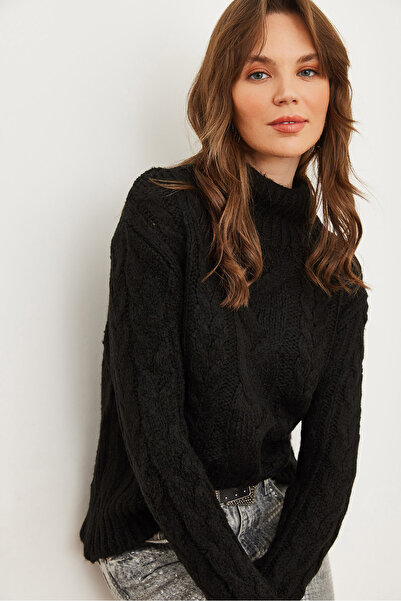 Olalook Women's Black Stand Collar Braided Knitwear Sweater Kzk- 19000934