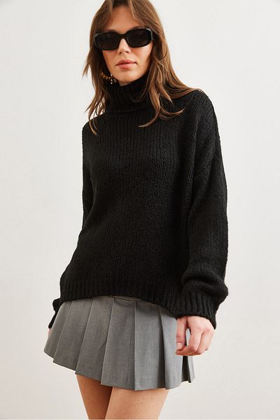 Olalook Pulover de damă negru cu gât țesut cu textura moale tricotaje groase KZK- 19000936