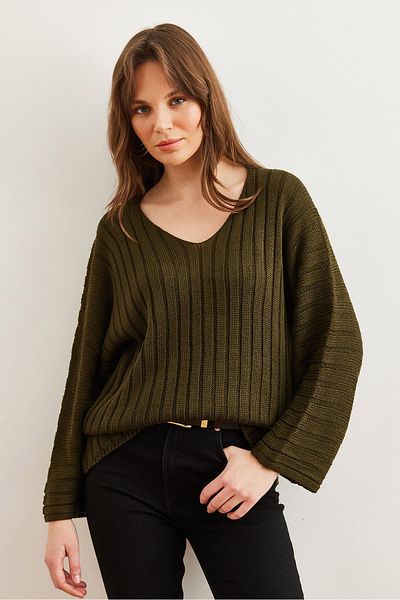 Olalook Women's Khaki V-Neck Thick Ribbed Knitwear Sweater Kzk- 19000925