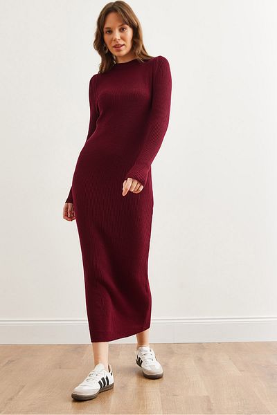 Olalook Rochie de damă, roșu Claret, cu gât roșu, cu nervuri, tricotaje maxi ELB- 19002328