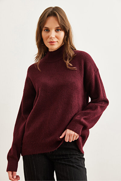 Olalook Women's Burgundy Half Fisherman Loose Fit Knitwear Sweater Kzk- 19000875