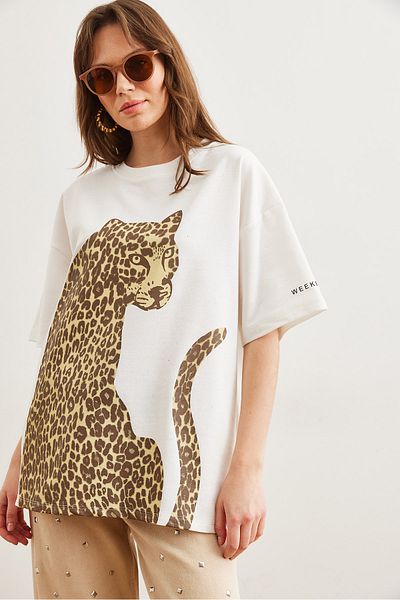 Olalook Ecru Leopard Print Unisex tričko nadměrné velikosti – 2 vlákna Tsh- 19000696