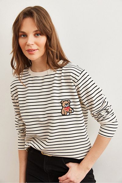 Olalook Tricou cu mânecă lungă cu dungi negre pentru femei TSH- 19000828