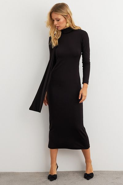 Cool & Sexy Schwarzes Midi-Damenkleid mit Schal-Detail EY3010