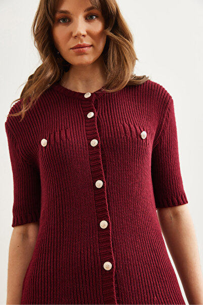 Olalook Women's Burgundy Buttoned Mini Knitwear Dress Elb- 19002329