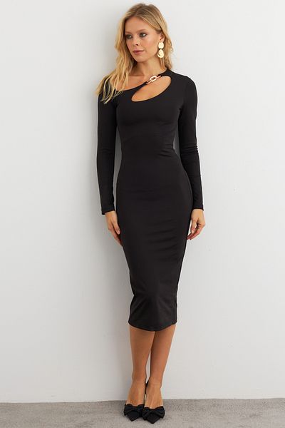 Cool & Sexy Dámské černé klopové doplňky Midi šaty KED7041