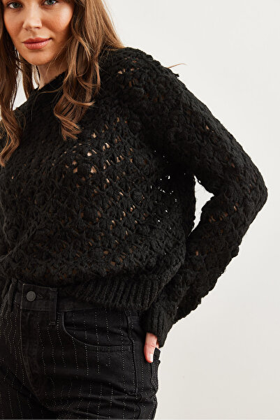 Olalook Black Soft Textured Openwork Pompom Sweater - Kzk- 19000935