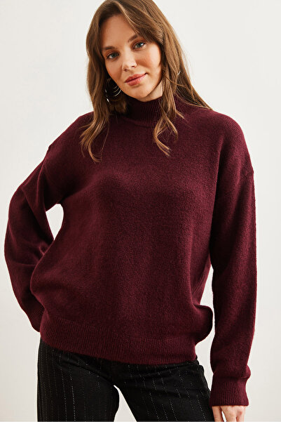 Olalook Women's Burgundy Half Fisherman Loose Fit Knitwear Sweater Kzk- 19000875