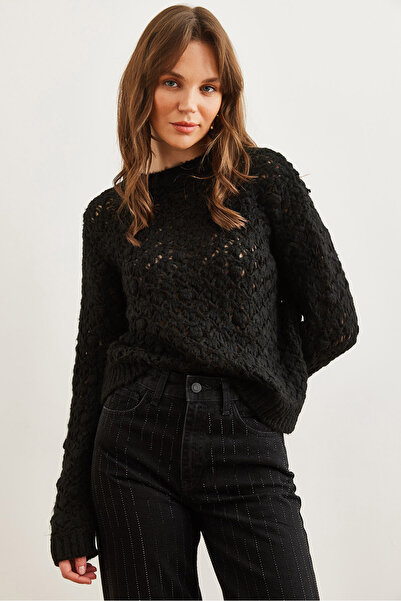 Olalook Black Soft Textured Openwork Pompom Sweater - Kzk- 19000935