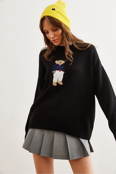 Olalook Pulover de damă cu ursuleț de pluș negru aplicat cu gât crew KZK- 19000940