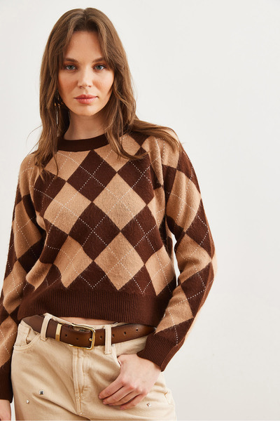 Olalook Pulover de damă Bitter Brown cu model Argyle Rose Gold KZK- 19000933