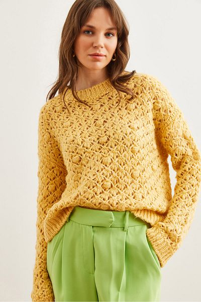 Olalook Women's Yellow Openwork Pompom Soft Textured Knitwear Sweater Kzk- 19000935
