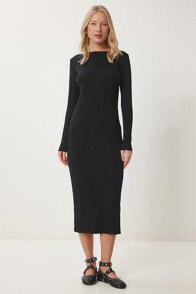 Happiness İstanbul Women's Black Ribbed Long Knitwear Dress Yy00228