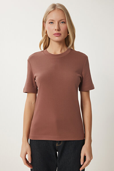 Happiness İstanbul Damen-Basic-Strick-T-Shirt aus brauner Baumwolle AG00001