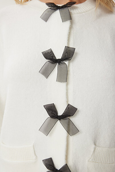 Happiness İstanbul Women's Bone Bow Tasseled Stylish Knitwear Cardigan Us00952