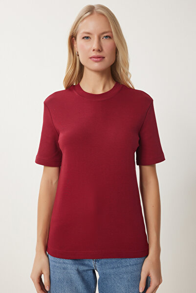 Happiness İstanbul Women's Burgundy White 2-Pack Cotton Basic Knitted T-Shirt Ag00002