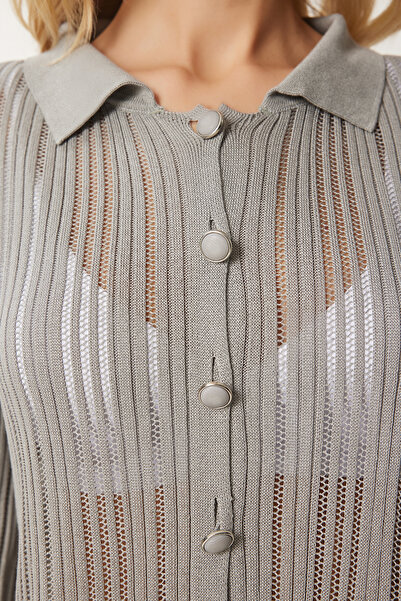 Happiness İstanbul Women's Gray Lightweight Transparent Polo Collar Summer Knitwear Cardigan MT00151