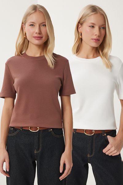 Happiness İstanbul Braun-weißes 2-teiliges Basic-Strick-T-Shirt aus Baumwolle für Damen AG00002