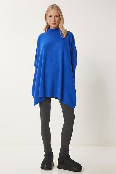 Happiness İstanbul Blauer Damen-Poncho-Pullover mit seitlichem Schlitz YY00005