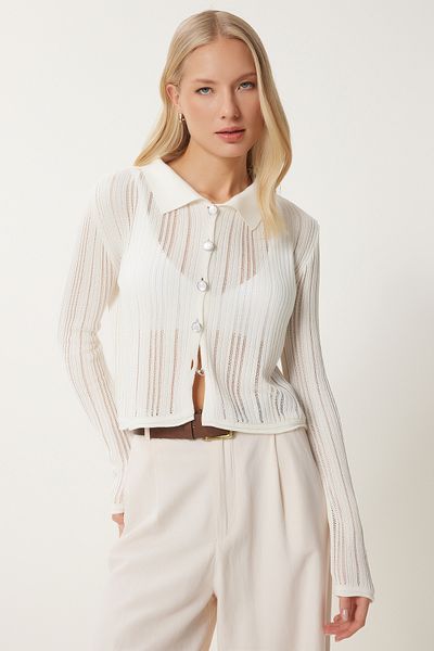 Happiness İstanbul Ecrufarbene, leicht transparente Sommer-Strickjacke mit Polokragen für Damen MT00151