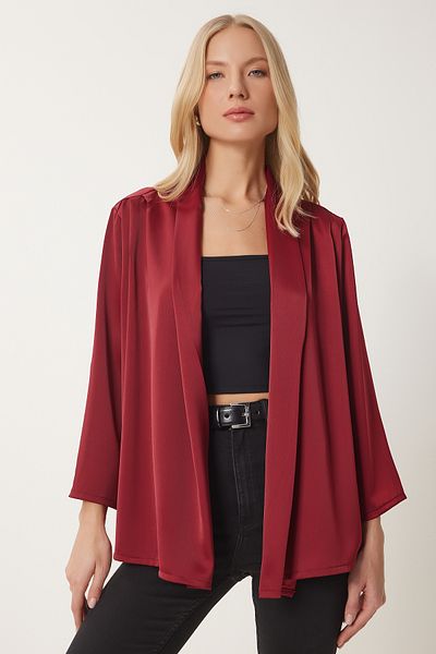 Happiness İstanbul Burgunderrote Damenjacke mit Schalkragen und stilvoller Satinoberfläche MC00291