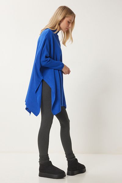 Happiness İstanbul Blauer Damen-Poncho-Pullover mit seitlichem Schlitz YY00005