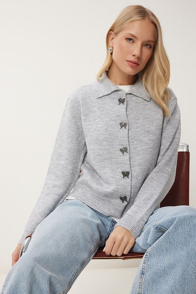 Happiness İstanbul Women's Gray Stylish Bow Button Soft Knitwear Cardigan Dp00233