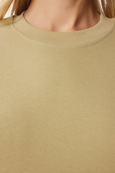 Happiness İstanbul Hellgrünes Basic-Strick-T-Shirt für Damen aus Baumwolle AG00001