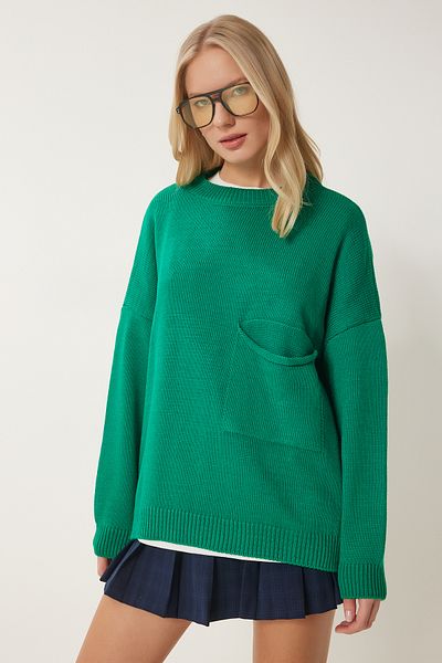 Happiness İstanbul Grüner Basic-Strickpullover mit Taschendetail für Damen MX00125