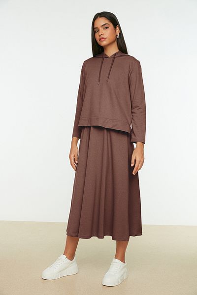 Trendyol Modest Brown Sweatshirt and Skirt Set with Hood - Tctaw22Us0027