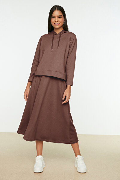 Trendyol Modest Brown Sweatshirt and Skirt Set with Hood - Tctaw22Us0027