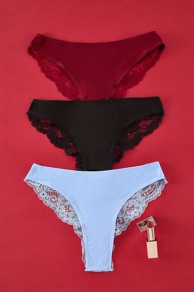 Trendyol Collection Schwarz-blau-lila 3-teiliger Single-Jersey-Tanga, einfarbiger Tanga-Slip THMAW21KU0012