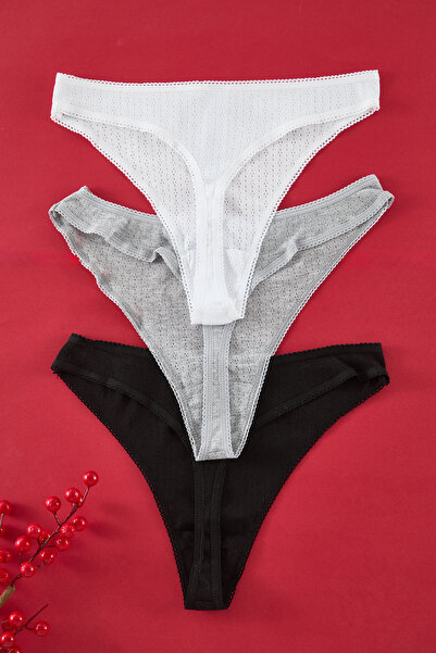 Trendyol Collection Többszínű 3 részes 100% pamut hegyes áttört/lyukasztott rózsa rátéttel tanga kötött bugyi THMSS25KU00001