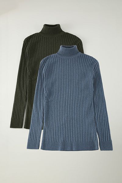 Edit by Trendyol Navy Blue-Khaki Slim 2-Pack Knitwear Sweater Tedaw25Kz00050