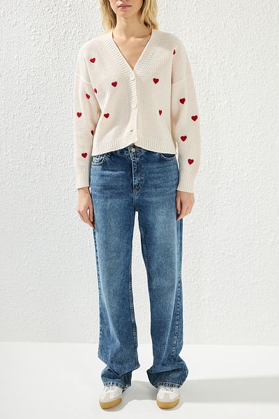 Edit by Trendyol V-Neck Embroidered Heart Patterned Knitwear Cardigan - Tedaw25Hi00034