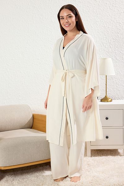 Trendyol Curve Viscose Beige Σετ Πιτζάμες 2 τεμαχίων - Πρωινές τουαλέτες και Πυτζάμες TBBAW25AI00031