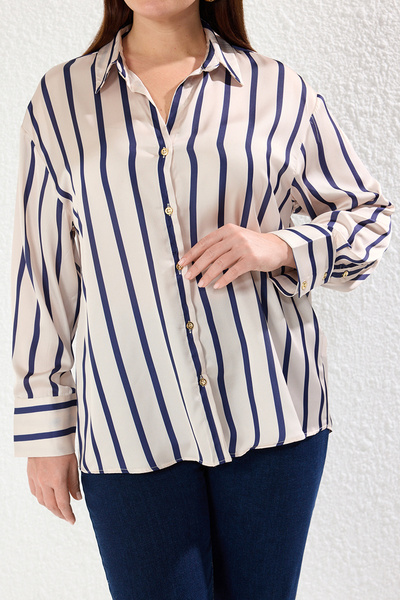 Trendyol Curve Ecru Stripe Satin Stylish Plus Size Woven Shirt Tbbaw25Ax00022