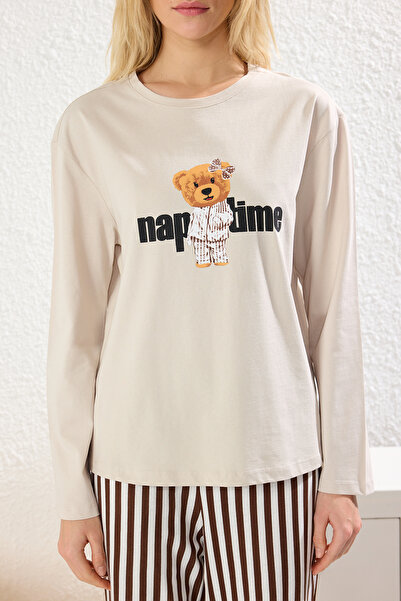 Trendyol Collection Sada dámského párového pyžama Ecru Color – 100% bavlna s proužky a medvídkem Thmaw25Pt00171