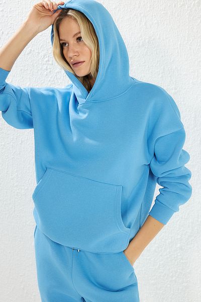 Trendyol Collection Ανοιχτό μπλε χοντρό φλις εσωτερική κουκούλα Oversize/Casual Cut πλεκτή αθλητική φόρμα TWOAW25EM00006