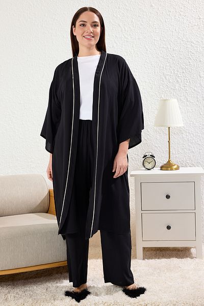 Trendyol Curve 2-Piece Viscose Woven Dressing Gown and Pajama Bottoms Set - Black Tbbaw25Ai00031