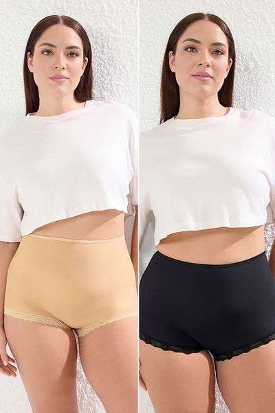 Trendyol Curve Hoch taillierter Spitzen-Slip in Schwarz und Hellbraun in Übergröße - TBBAW25CM00005